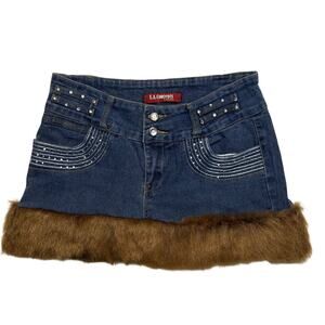 L.A. Concepts Y2K Denim Mini Skirt with Brown Faux Fur Trim & Rhinestones M